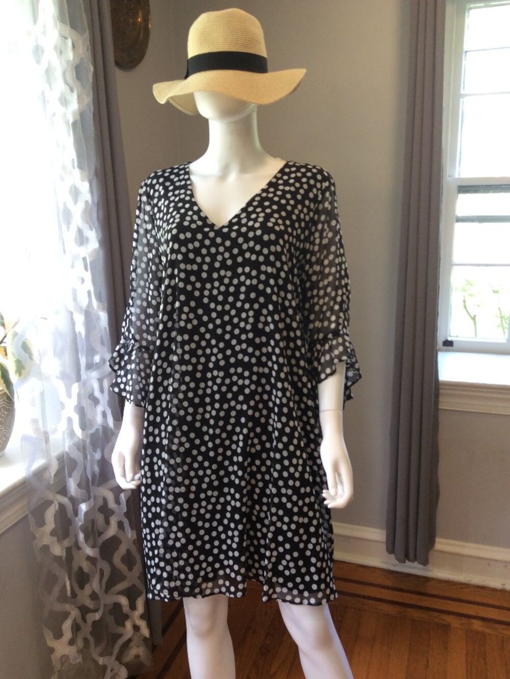 Calvin Klein Black White Print Dress Long Sleeve Casual Chic Dress